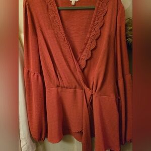 Rust Red Wrap Blouse with Lace Trim